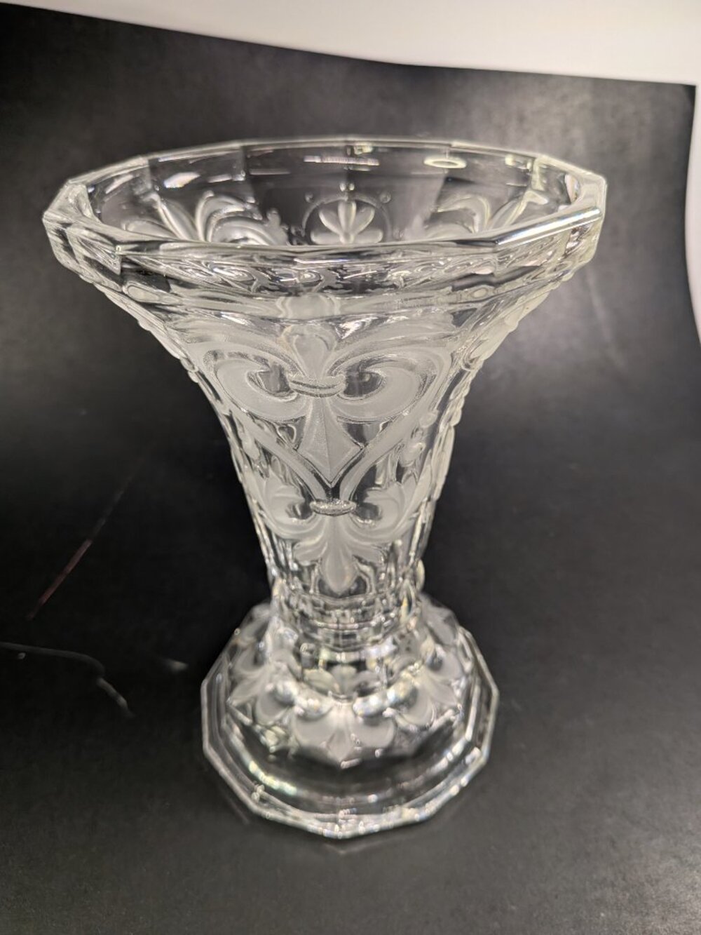 VTG Crystal Clear Industries Fleur De Lis Glass Reversible Vase Candle Holder
